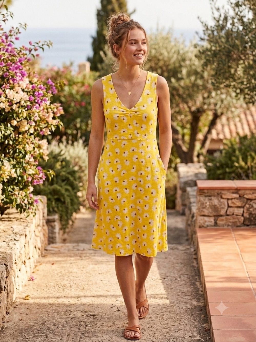 Toad&Co Rosemarie Sleeveless Dress Yellow Daisy Floral Babydoll Fit Flare Size S